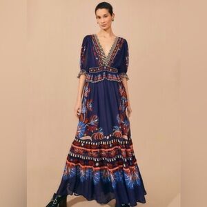 Farm Rio Nature Beauty Blue Maxi Dress | Botanical Print Puff Sleeve | Size L
